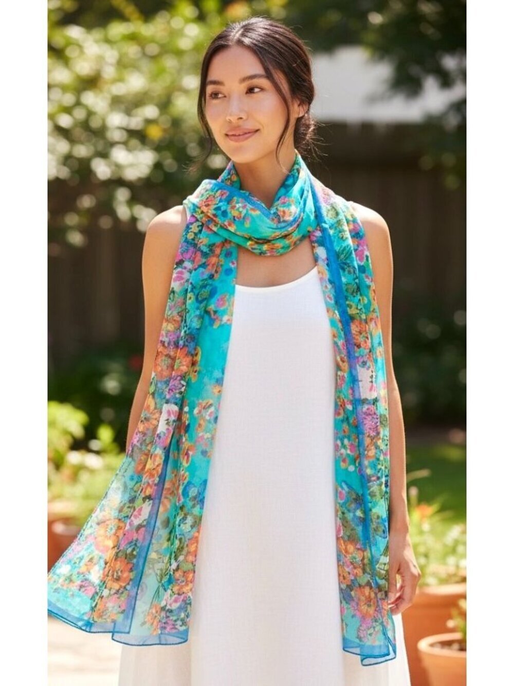 Vintage Multi Colour Long Scarf Chiffon Polyester Wildflowers Butterflies Love
